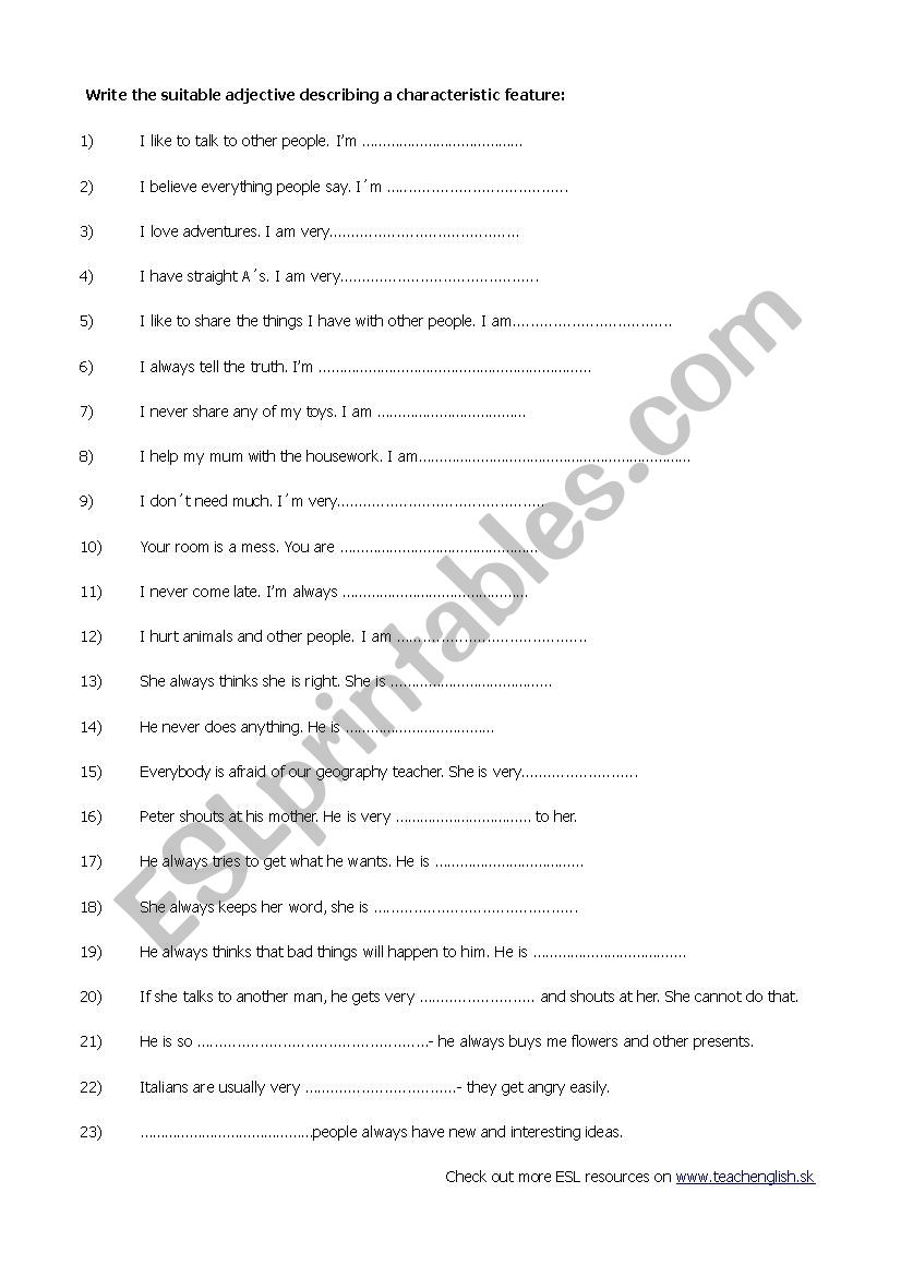 Personal traits worksheet