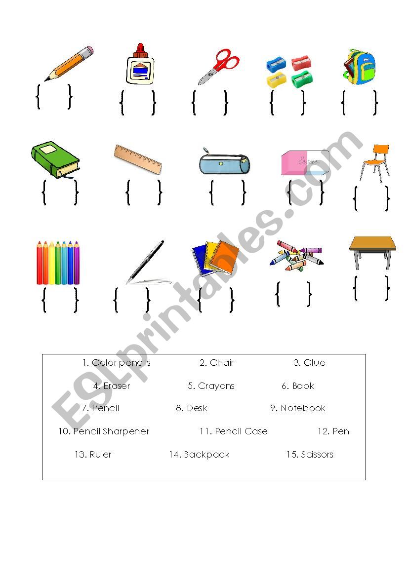 School Objects Matching worksheet