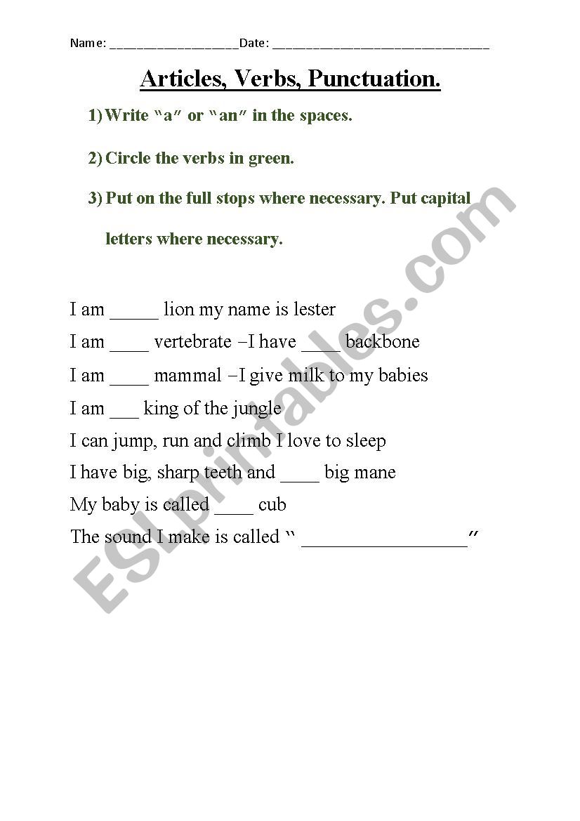 A/an animals worksheet