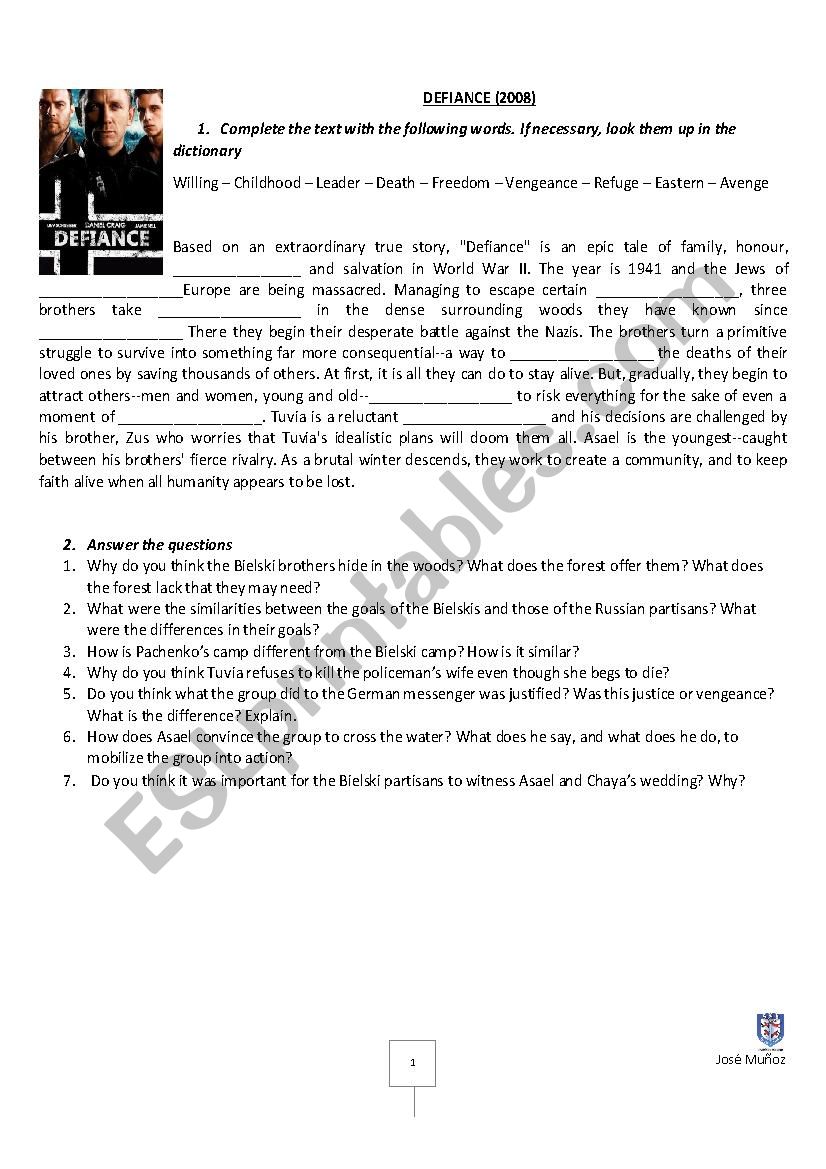 Defiance - Movie worksheet worksheet