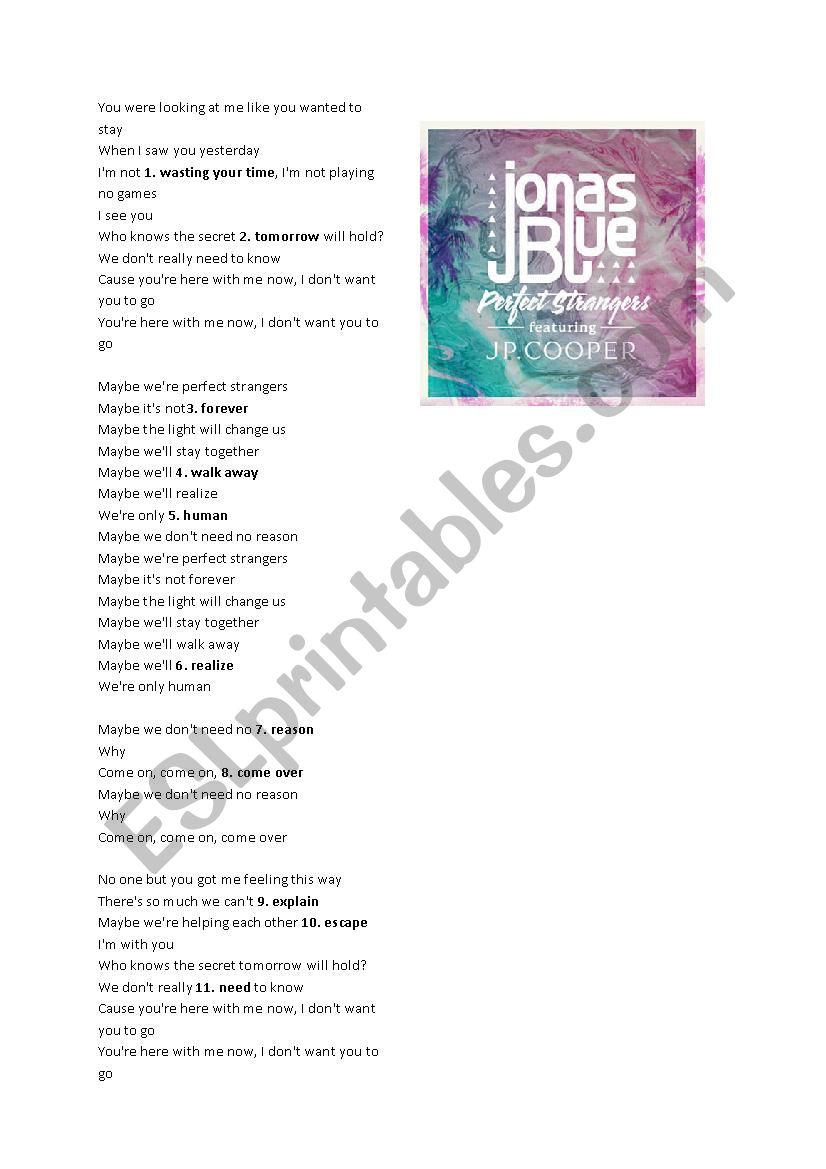 JONAS BLUE PERFECT STRANGERS WORKSHEET + KEY