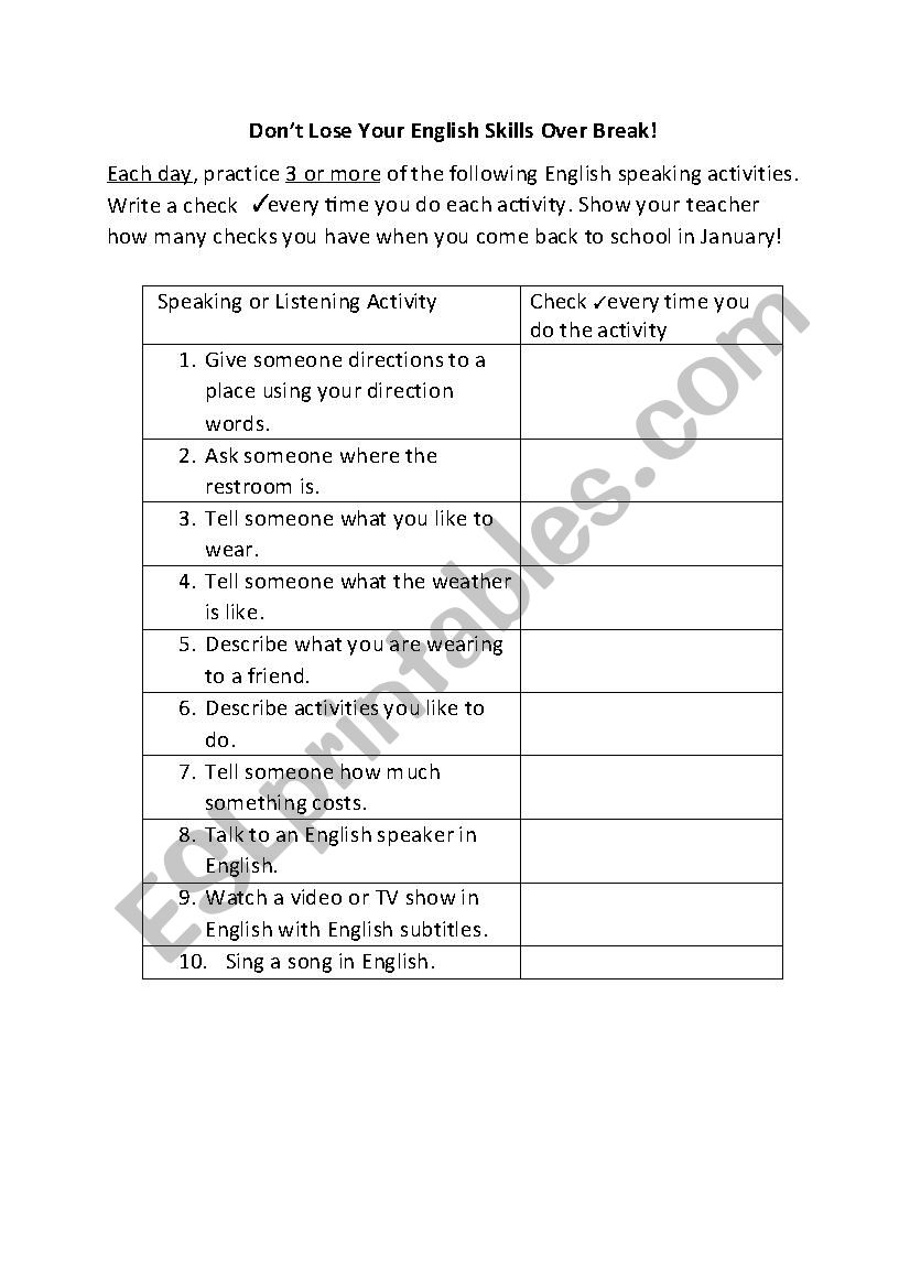 Vacation Speaking Practice worksheet