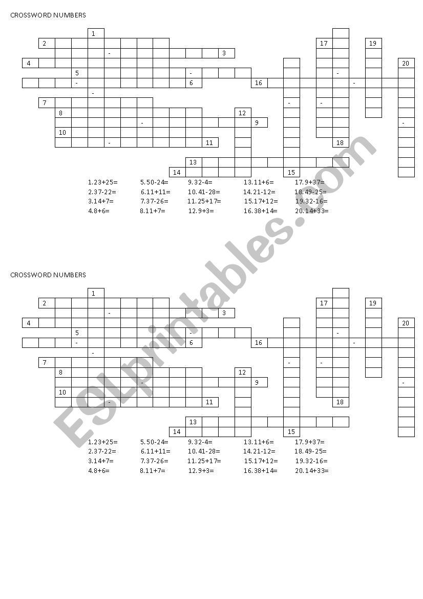 CROSSWORD NUMBERS worksheet