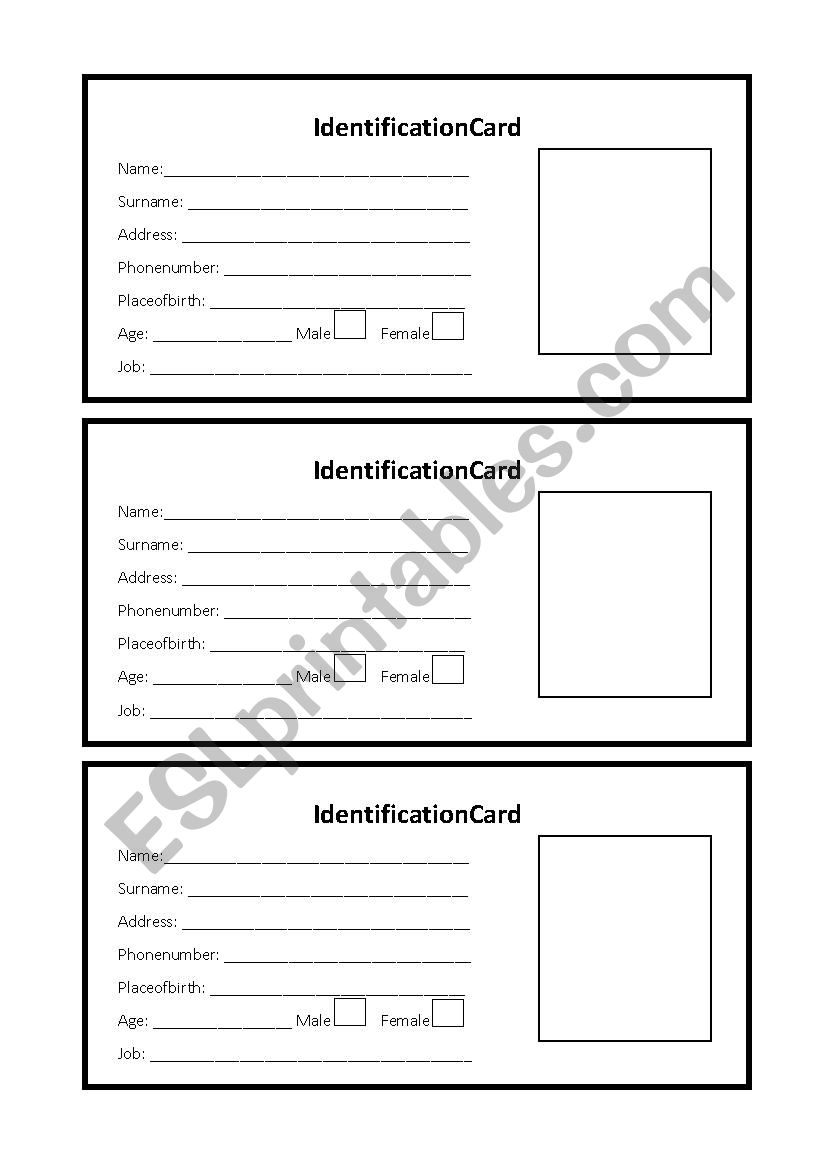 Identification Card worksheet