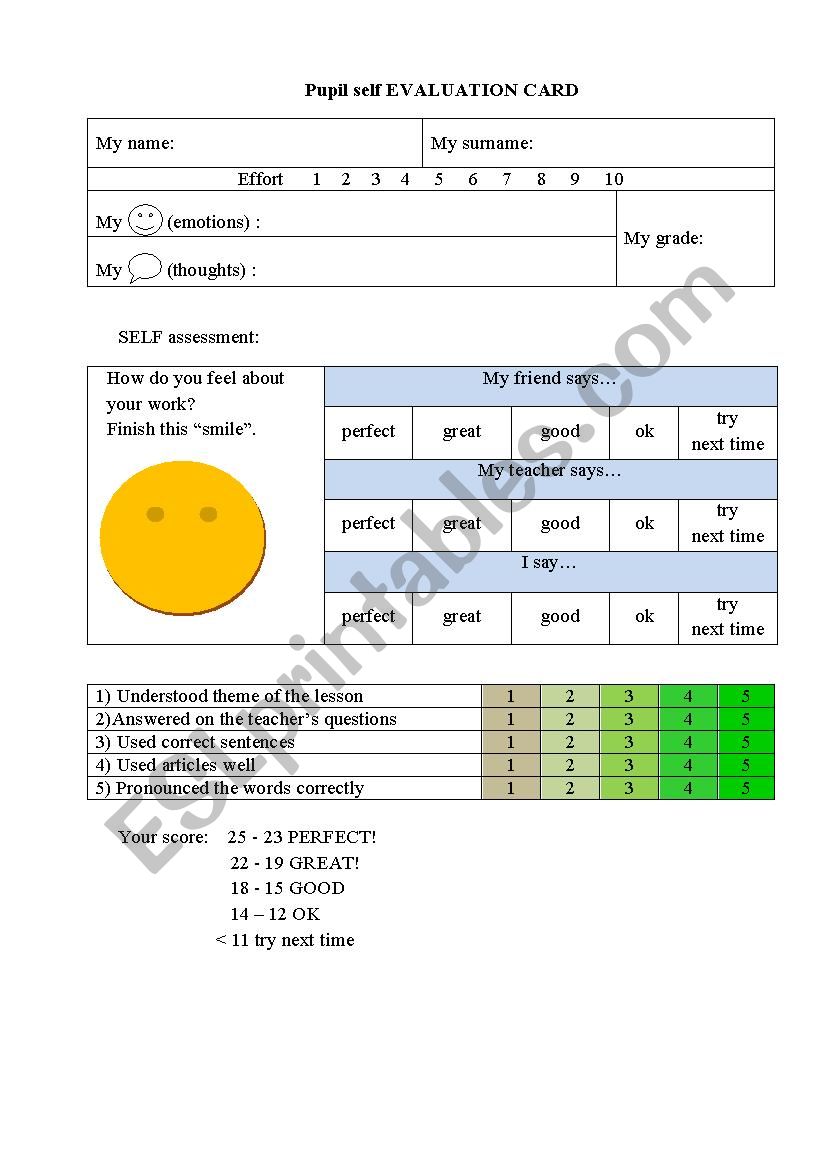 Pupil self EVALUATION CARD worksheet