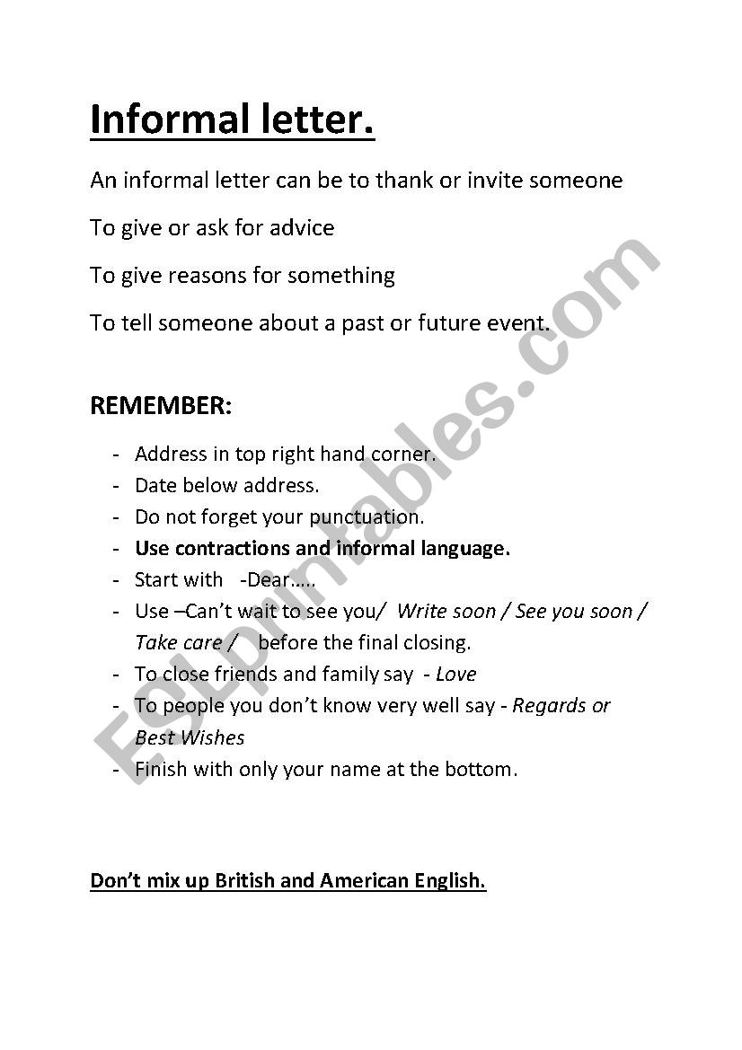 Informal letter worksheet