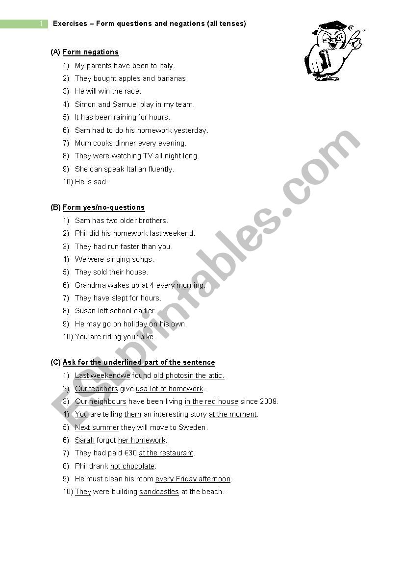 Questions & Negation (1) - Exercises (all tenses)