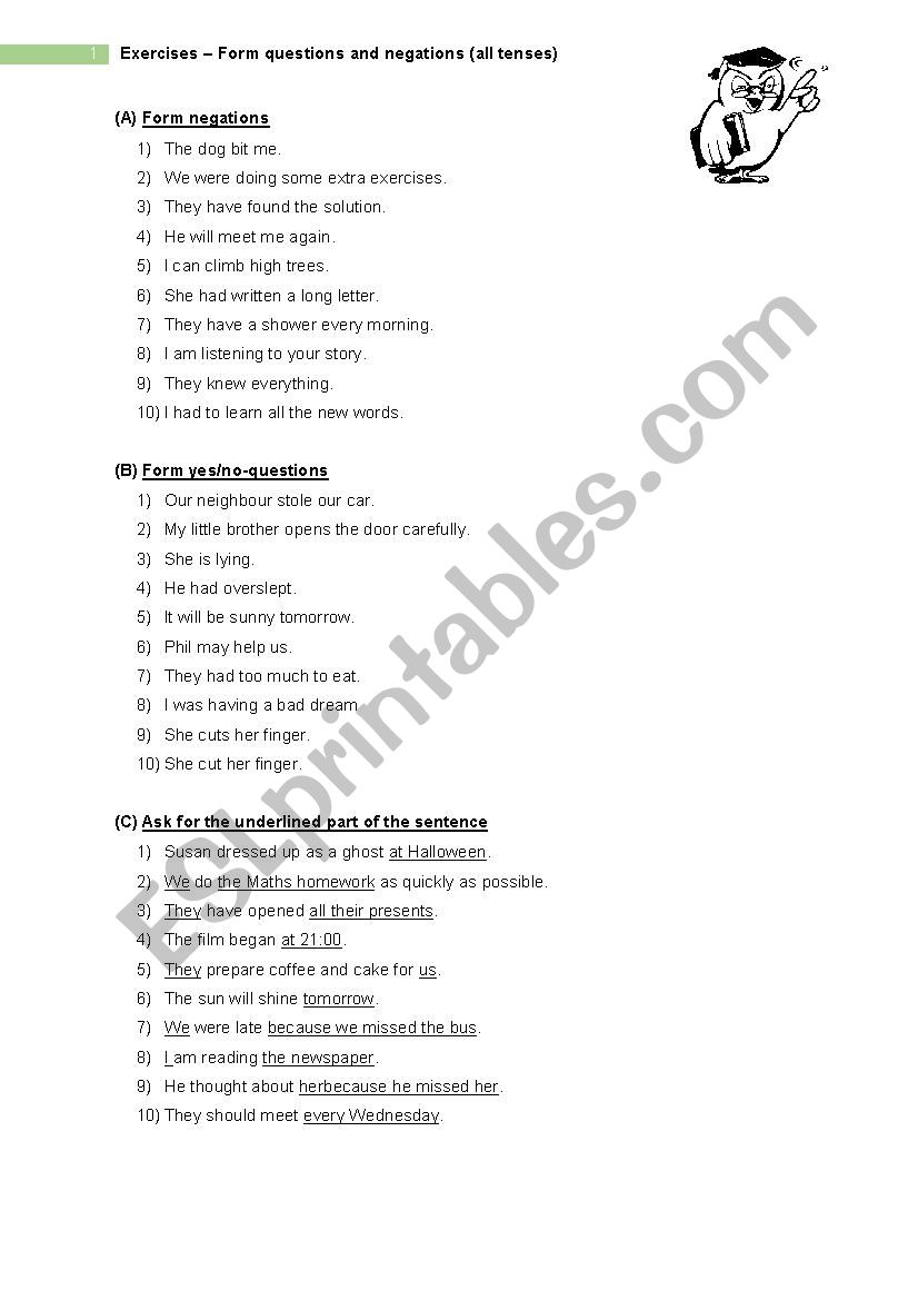 Questions & Negation (2) - Exercises (all tenses)