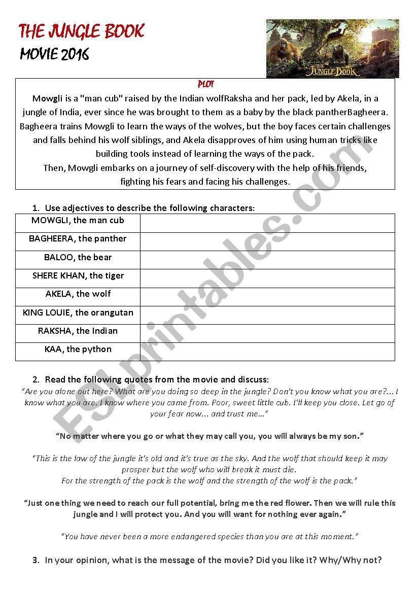 The Jungle Book Movie Activity Esl Worksheet By Tanblombardi