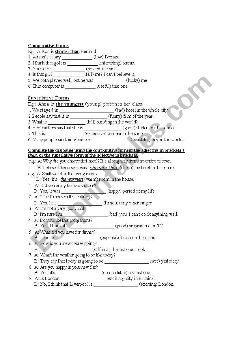 Comparative and Superlative worksheet