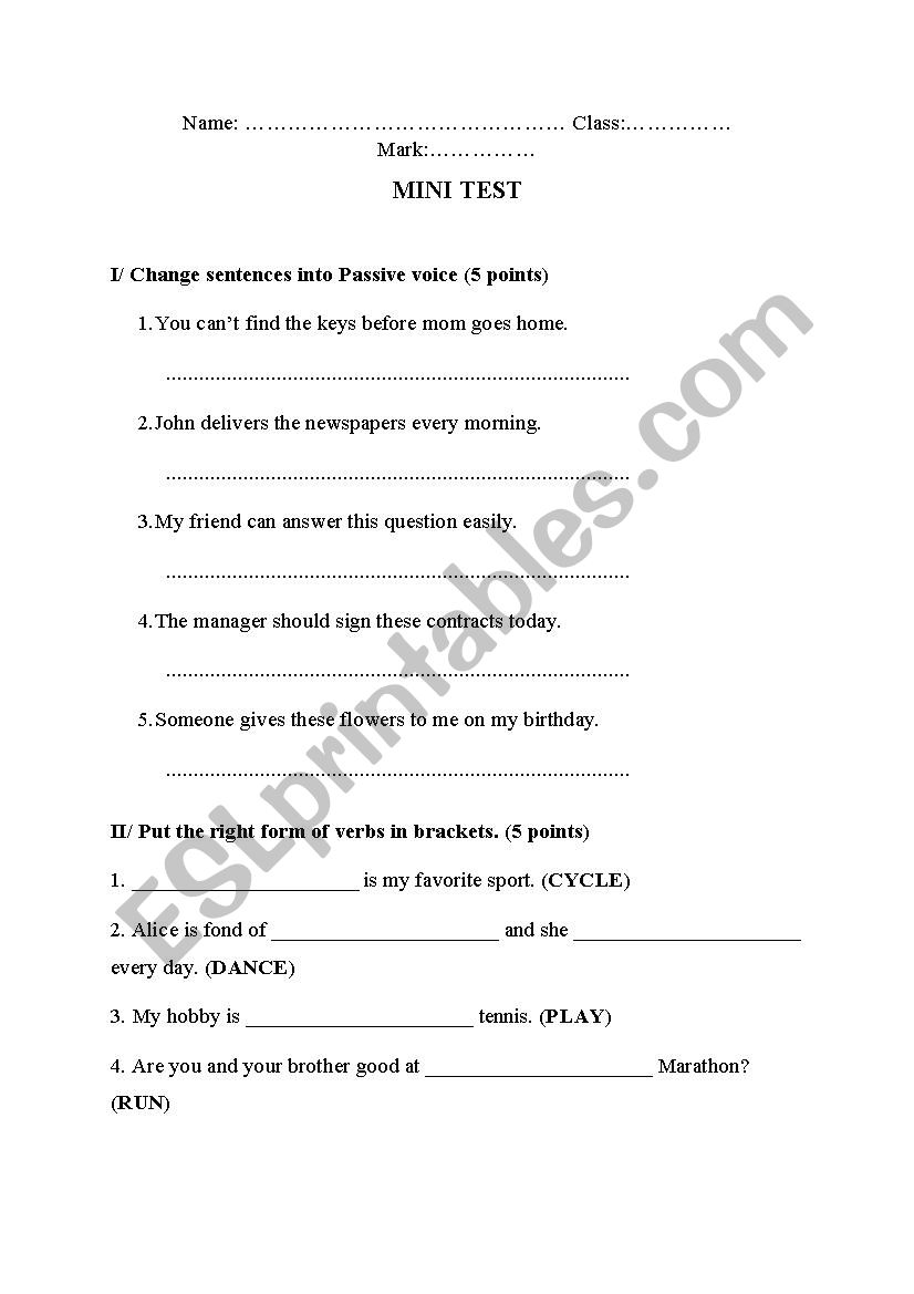 Mini test on passive voice worksheet