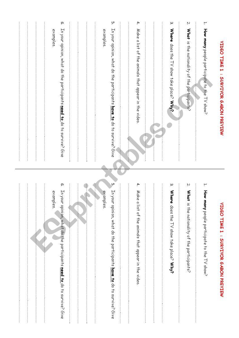 Survivor Gabon video time worksheet