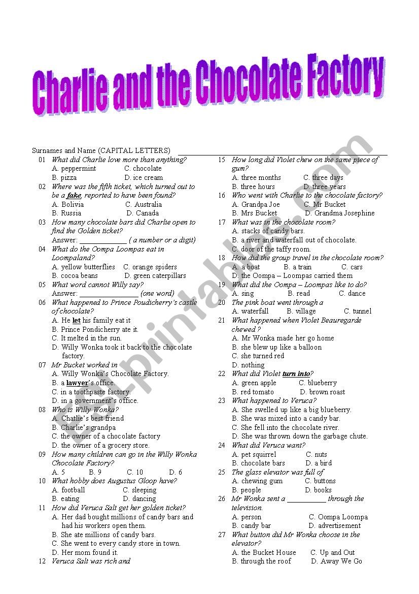 Charlie and the chocolate factory questionnaire