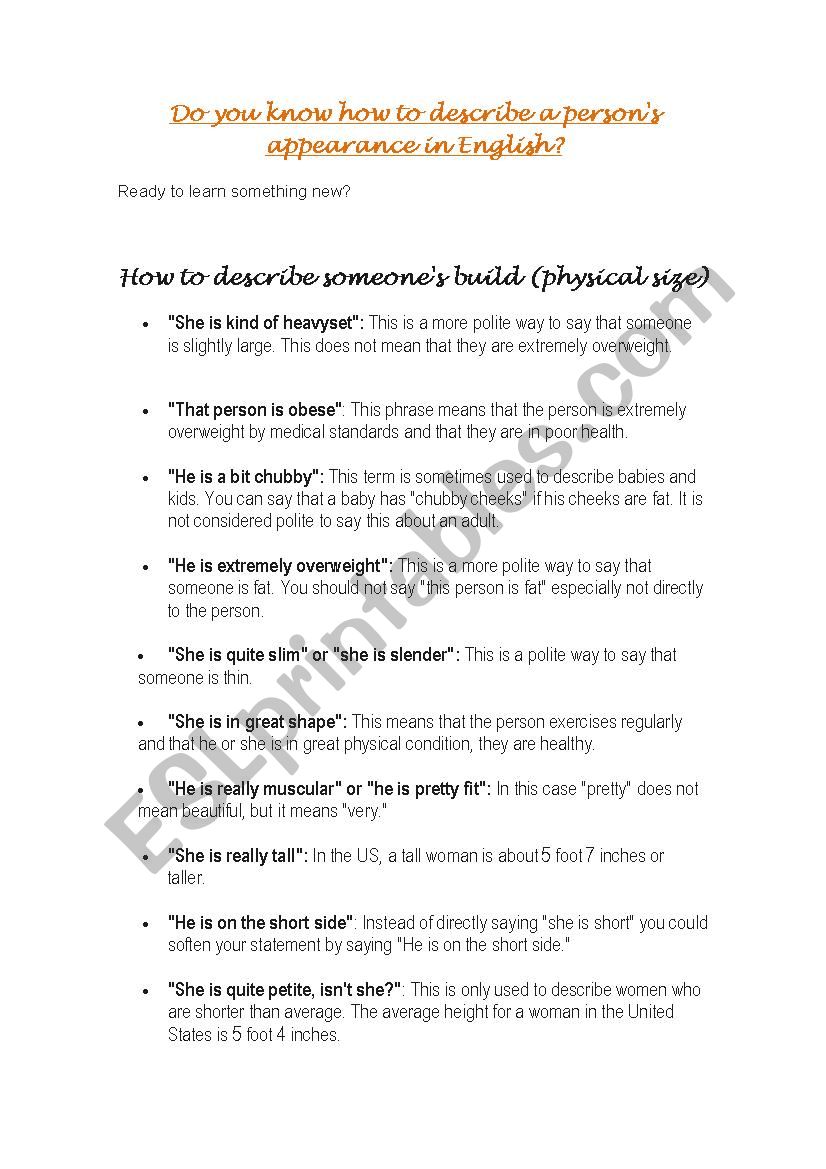 How to describe people worksheet