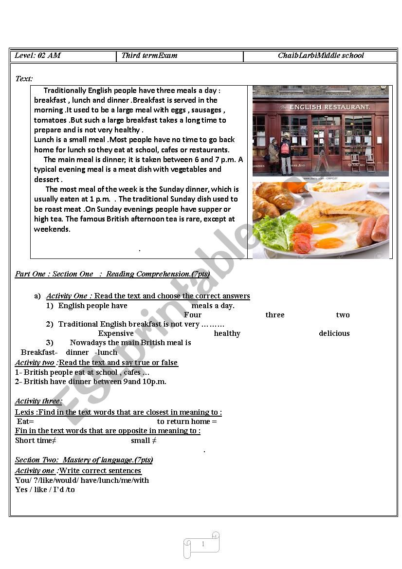  meals  worksheet