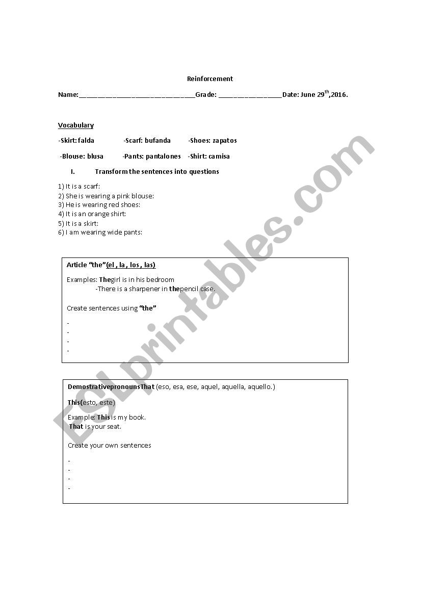 reinforcement worksheet