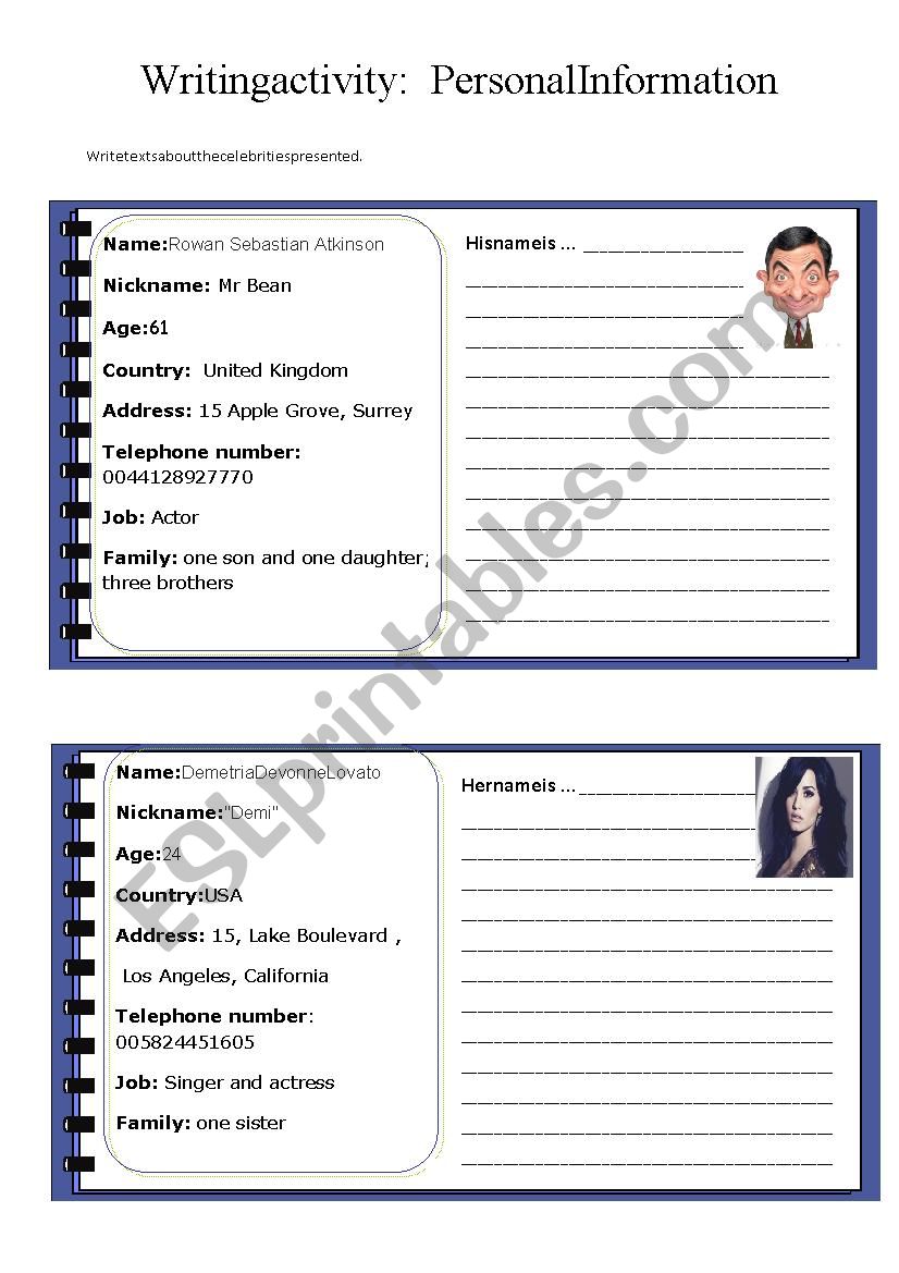 Personal Information worksheet