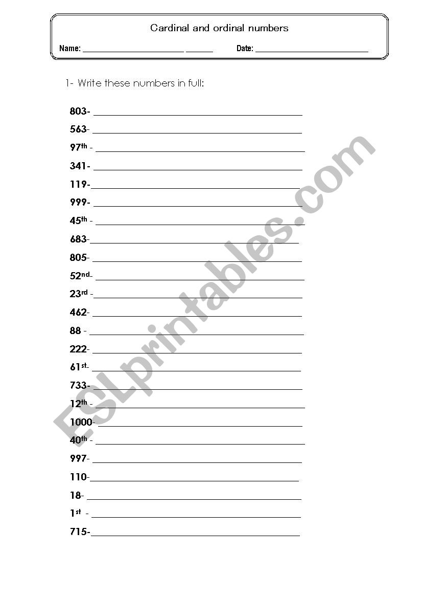 Cardinal and ordinal numbers worksheet