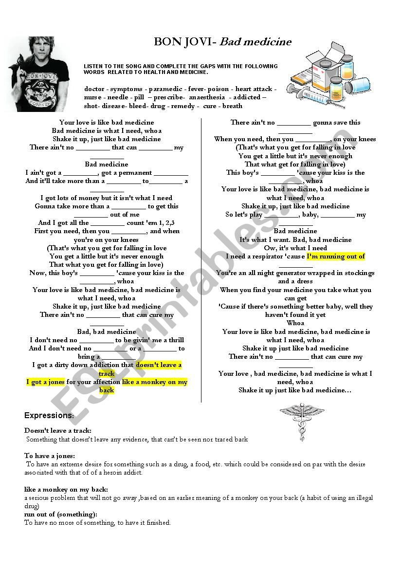 BAD MECINE- BON JOVI worksheet