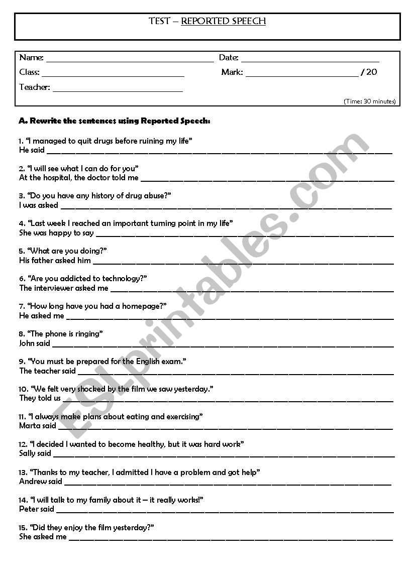 Reported Speech Test worksheet