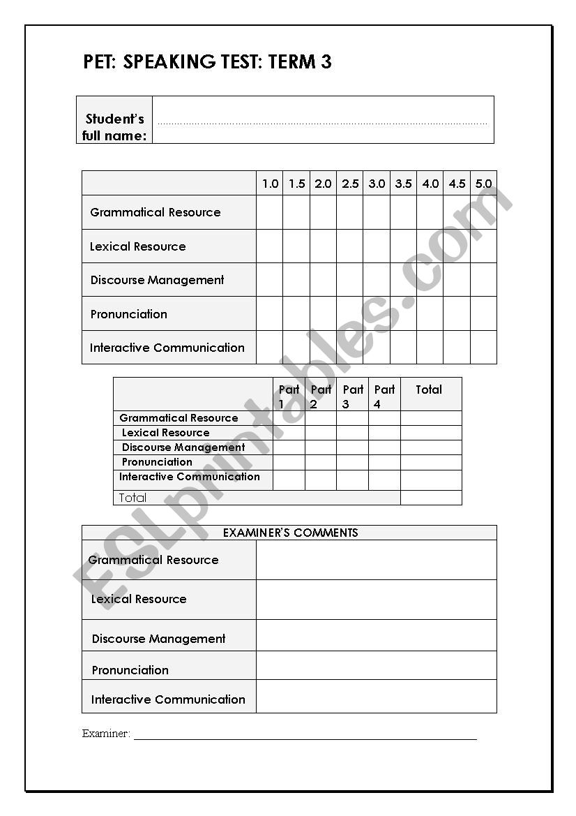 speaking pet Mark sheet worksheet