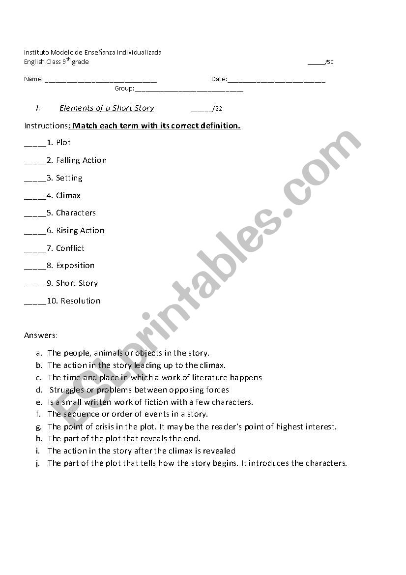 Elements of a short story worksheet