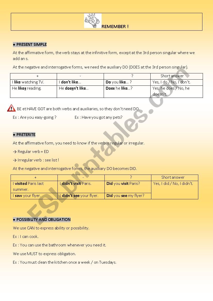 REMEMBER - Present simple/Preterite/CAN/MUST