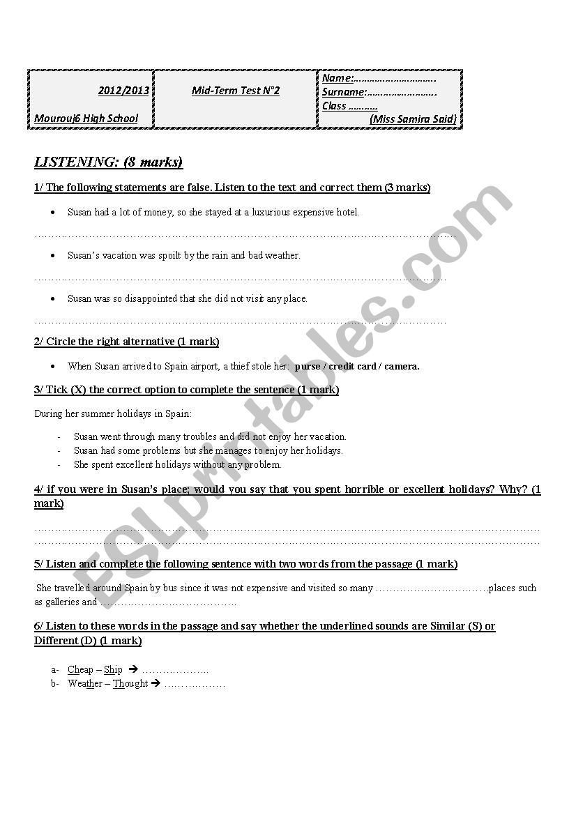 9th test worksheet