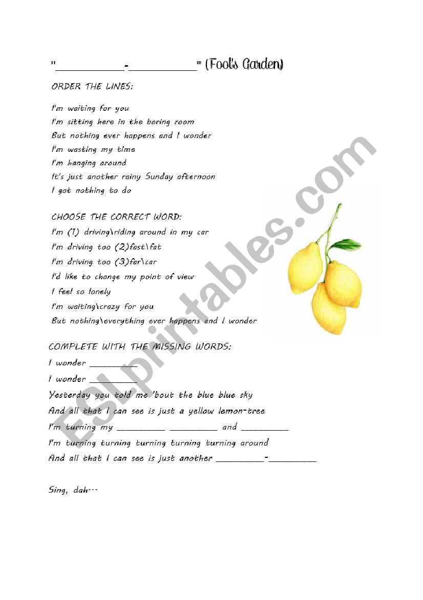 Lemon Tree by Fools Garden worksheet
