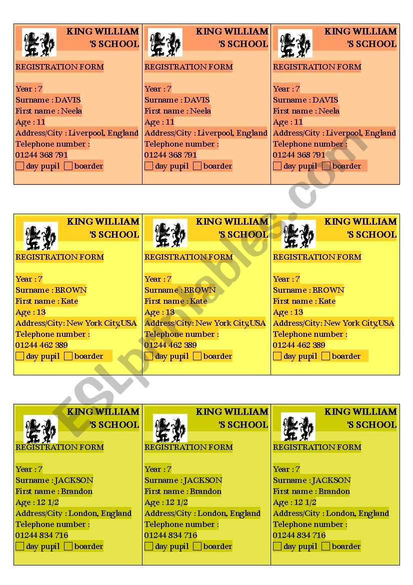 Student Cards / Registration Forms 