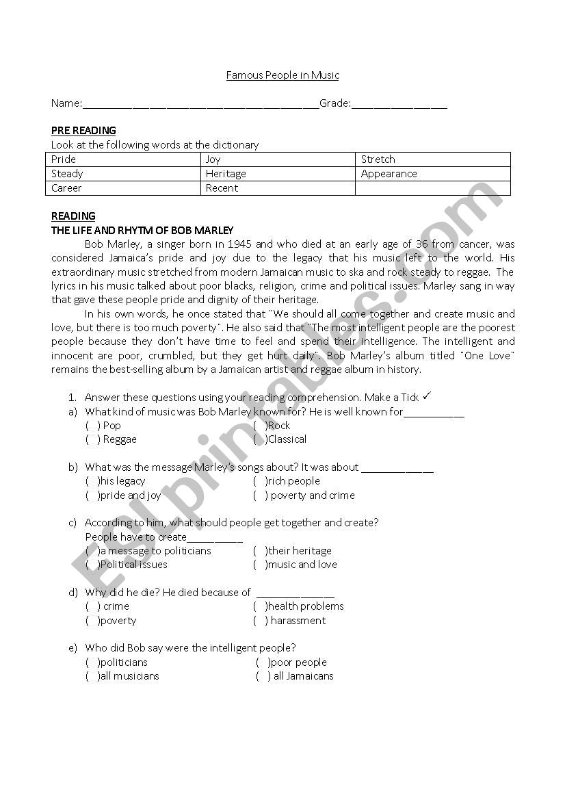 Famous people in music worksheet