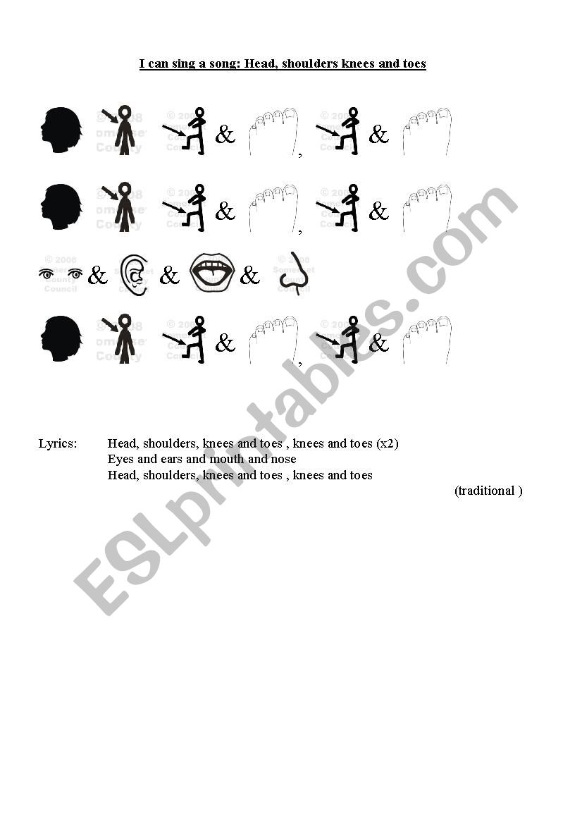 Head shoulder knees toes song worksheet