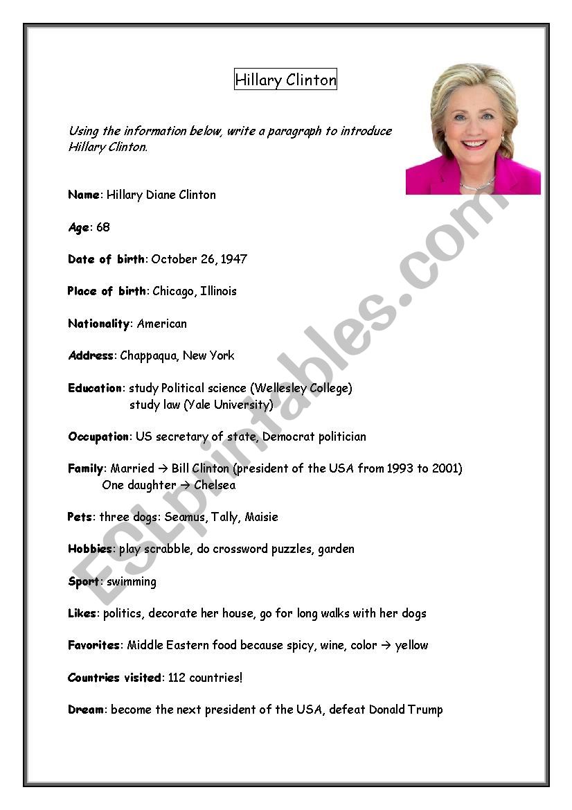 Hillary Clinton paragraph worksheet