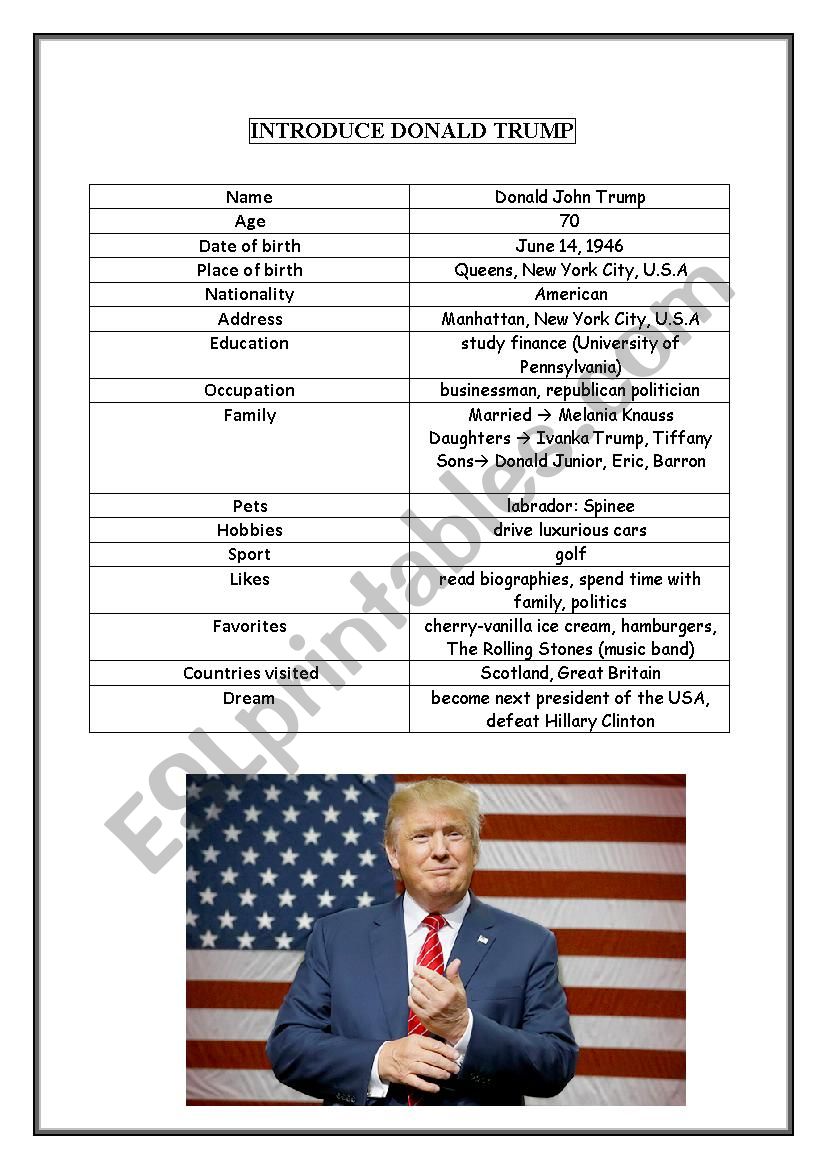 Introduce Donald Trump worksheet