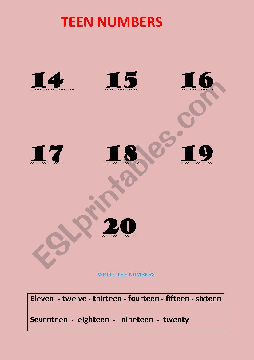 teen numbers worksheet