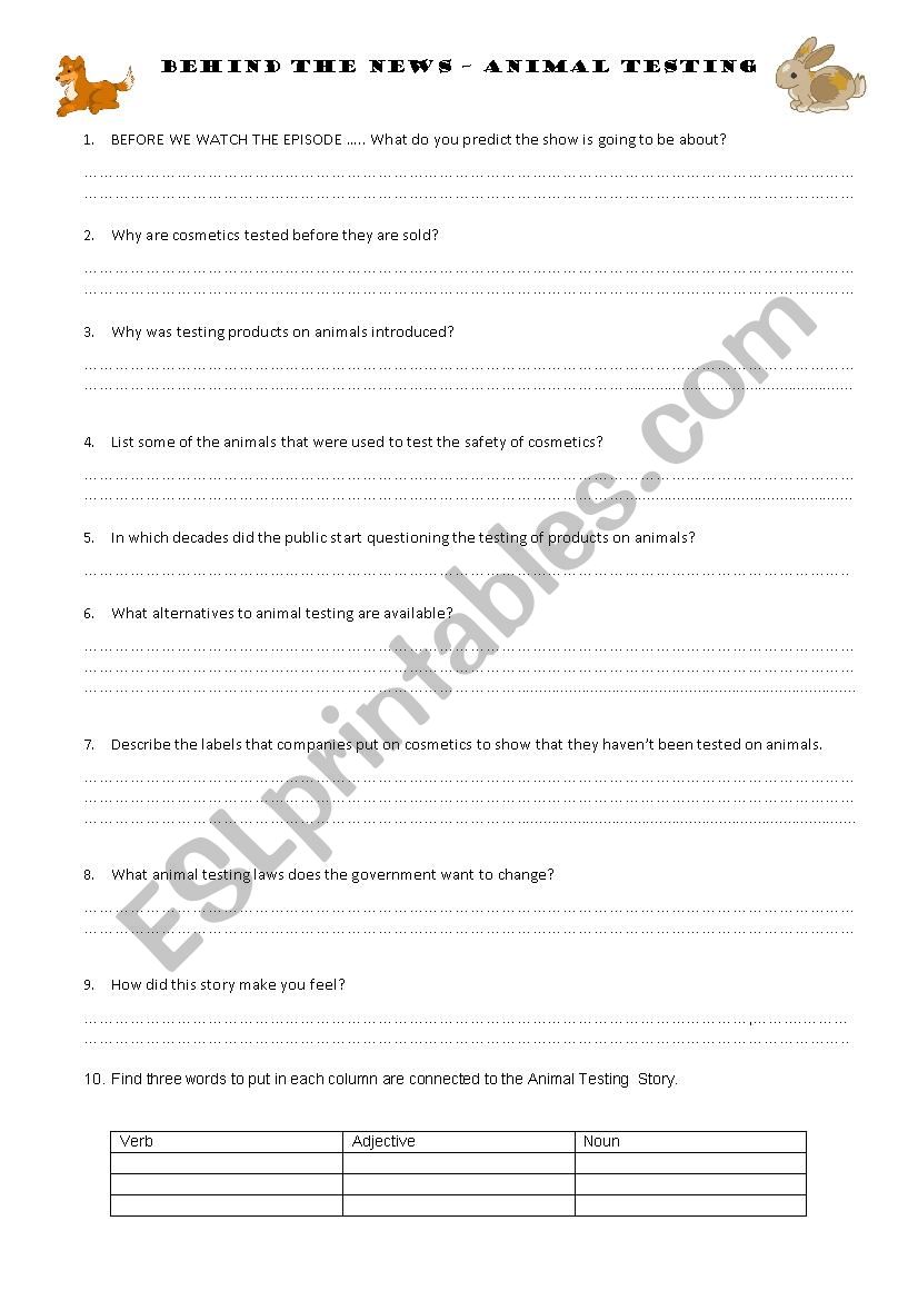 Animal Testing worksheet