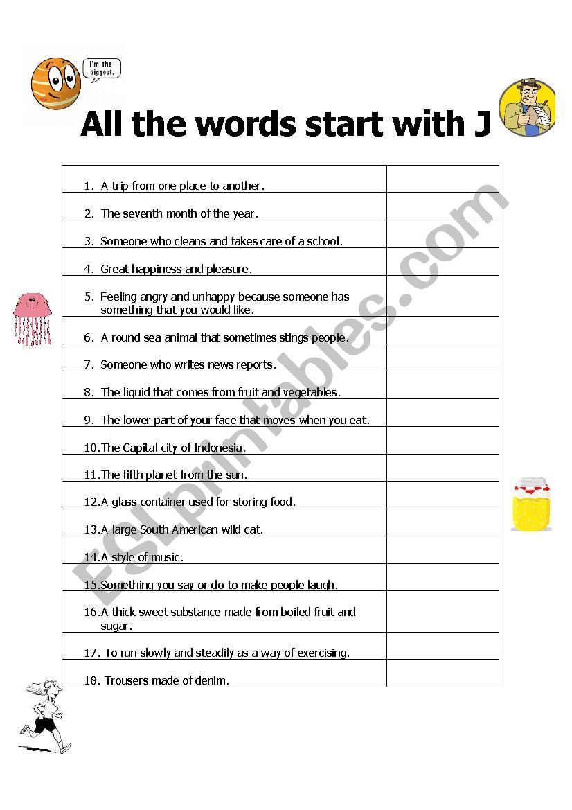 All The Words Start With J Esl Worksheet By Pjrob
