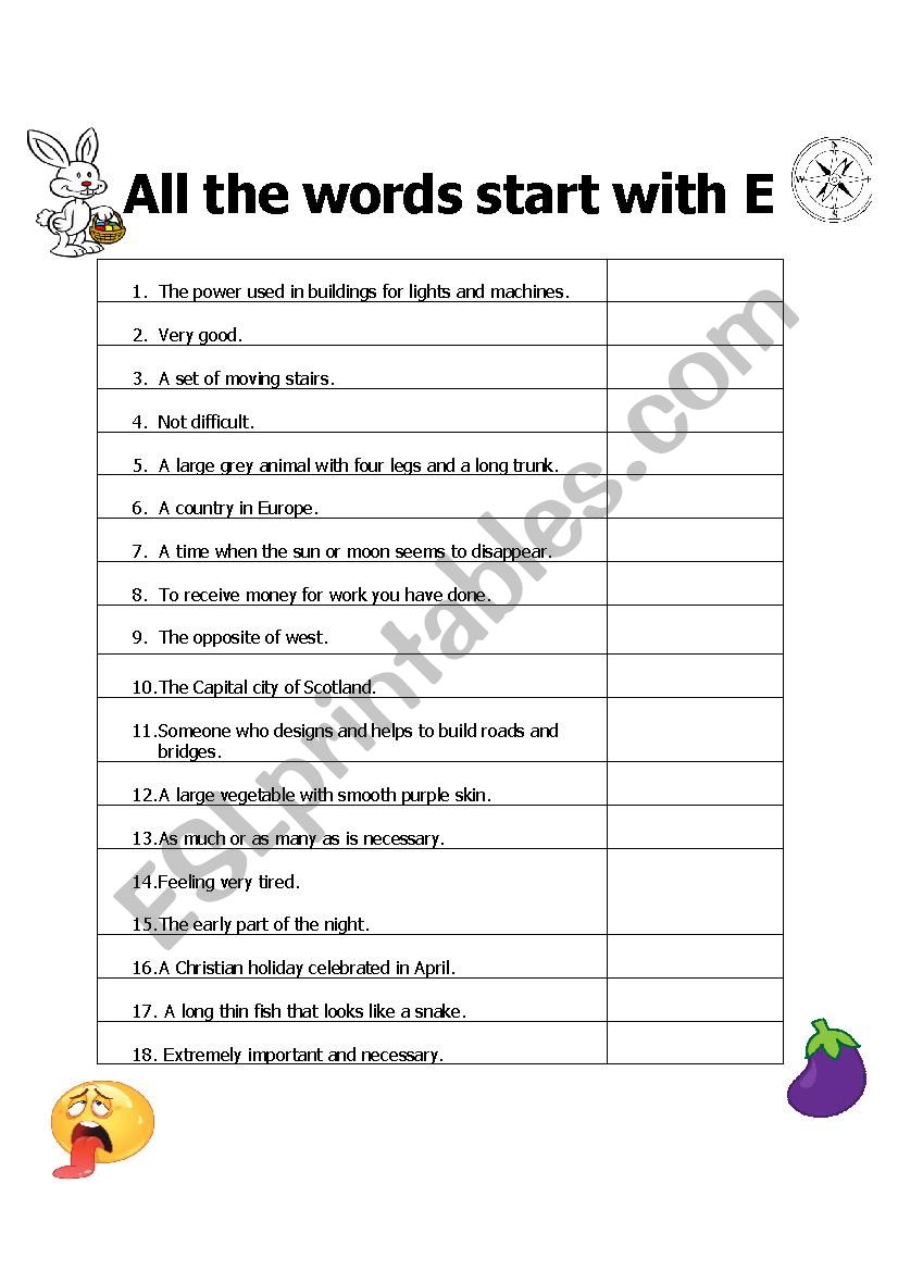 All the Words Start with E worksheet