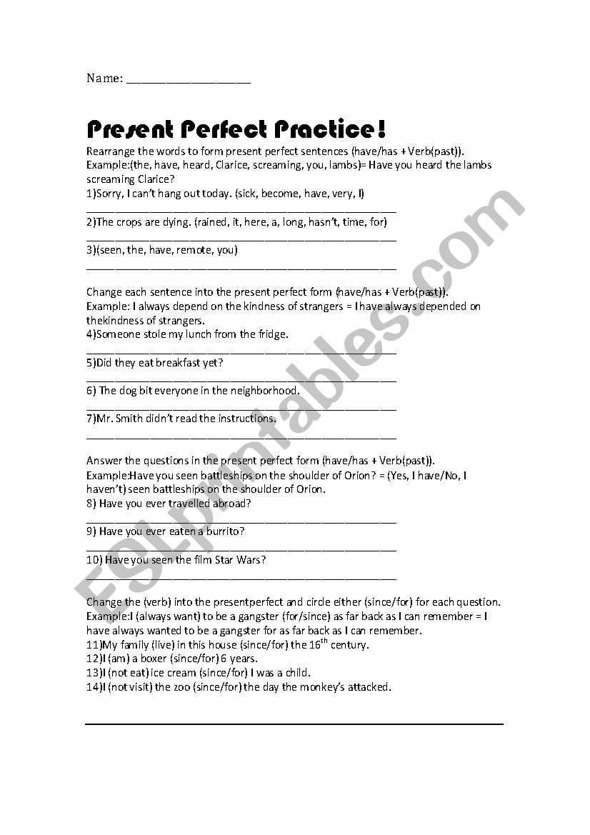 Present Perfect Practice worksheet