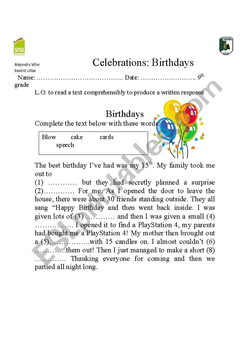 Celebrations worksheet