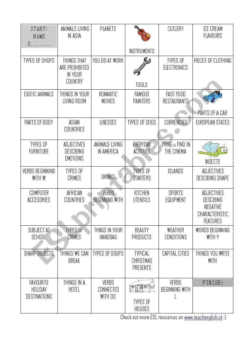 Name 3 things - board game (vocabulary practice)