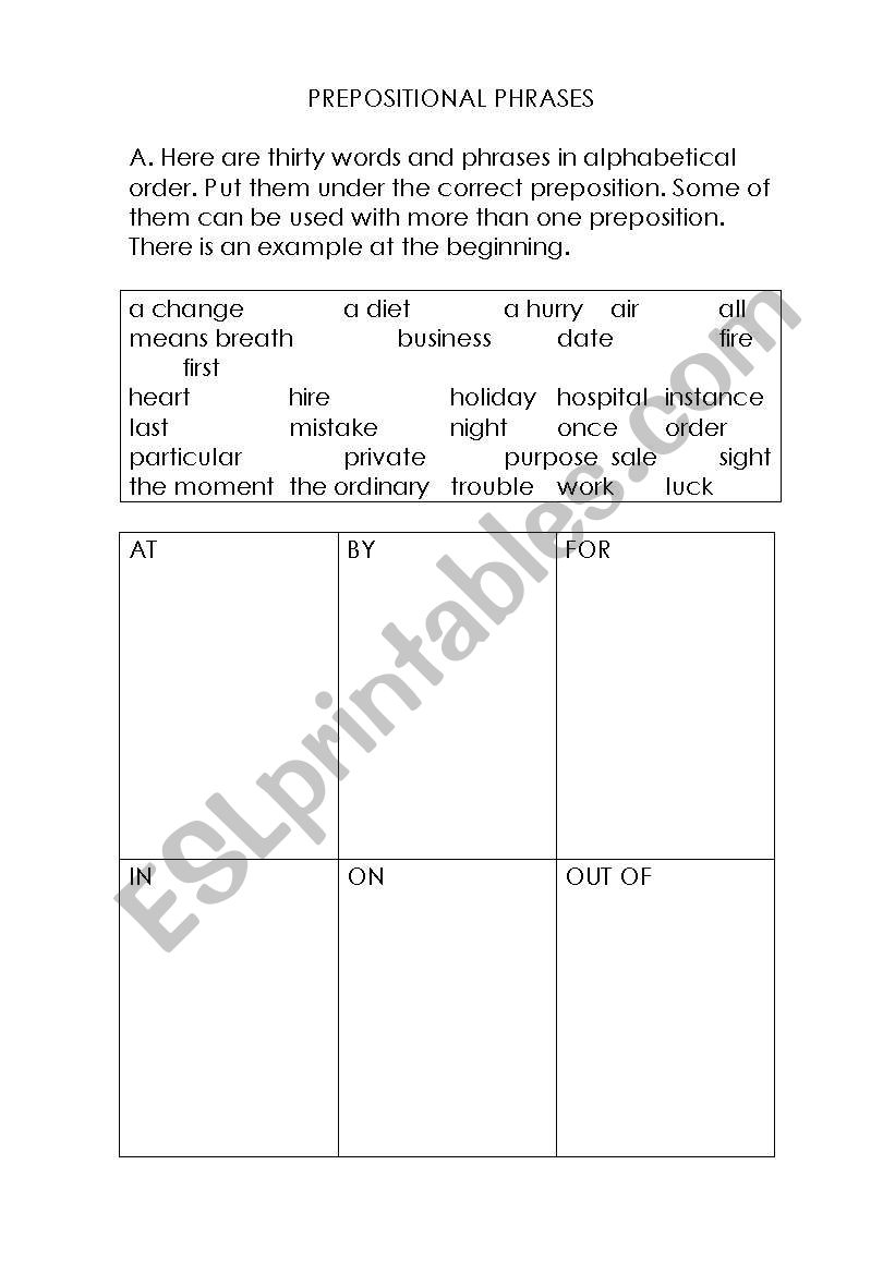 Prepositional Phrases worksheet