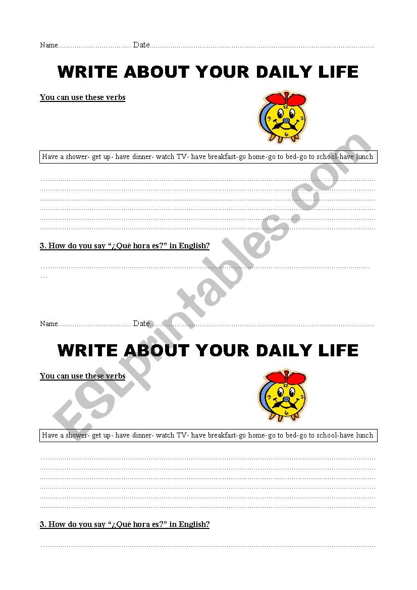 WRITE ABOUT YOUR DAILY LIFE worksheet