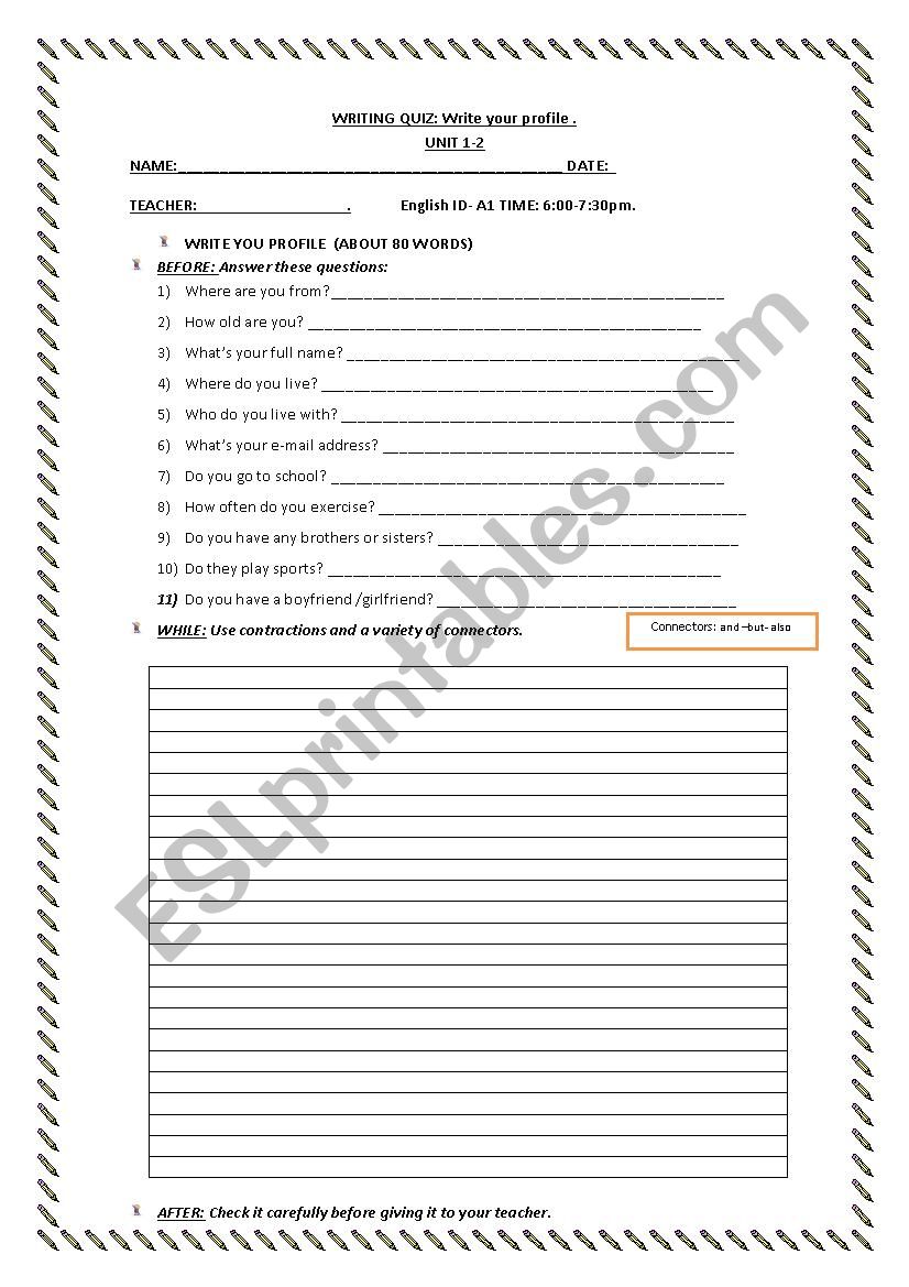 writing quiz for beginners.  worksheet