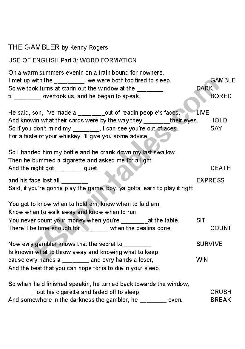 Song The Gambler worksheet