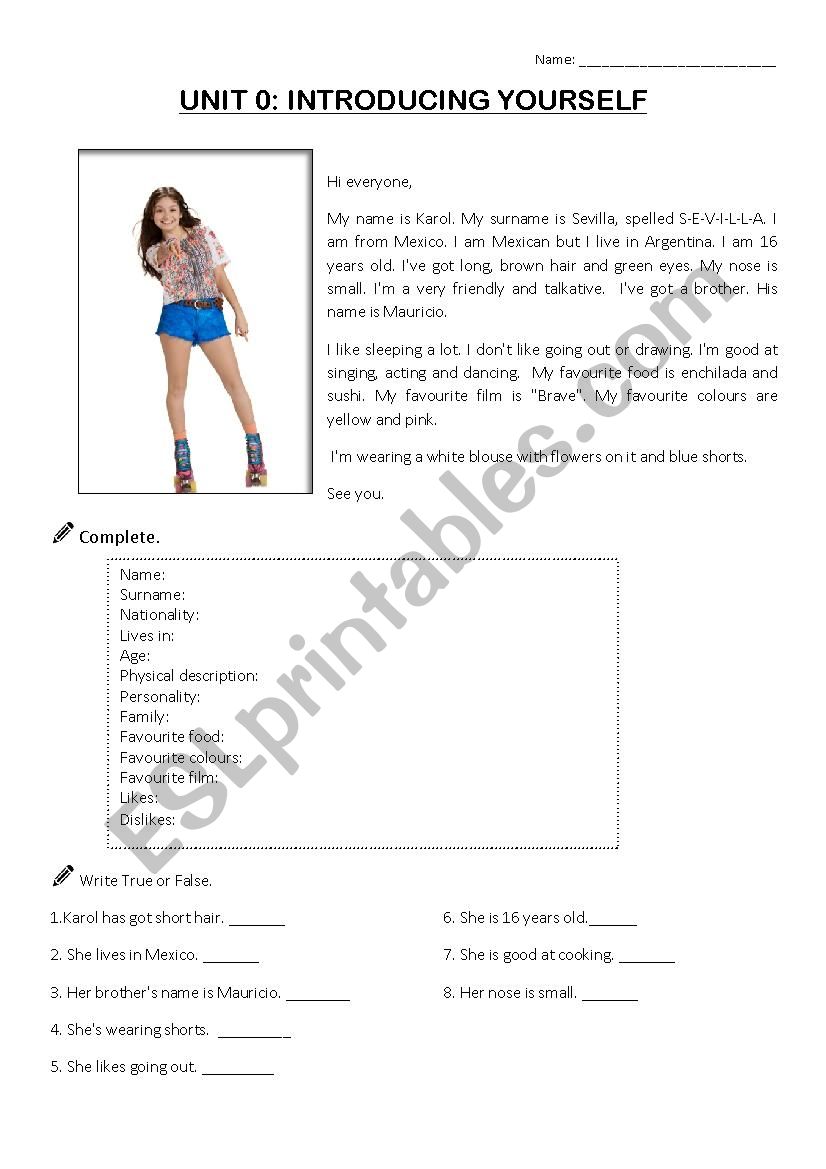 Karol Sevilla description worksheet