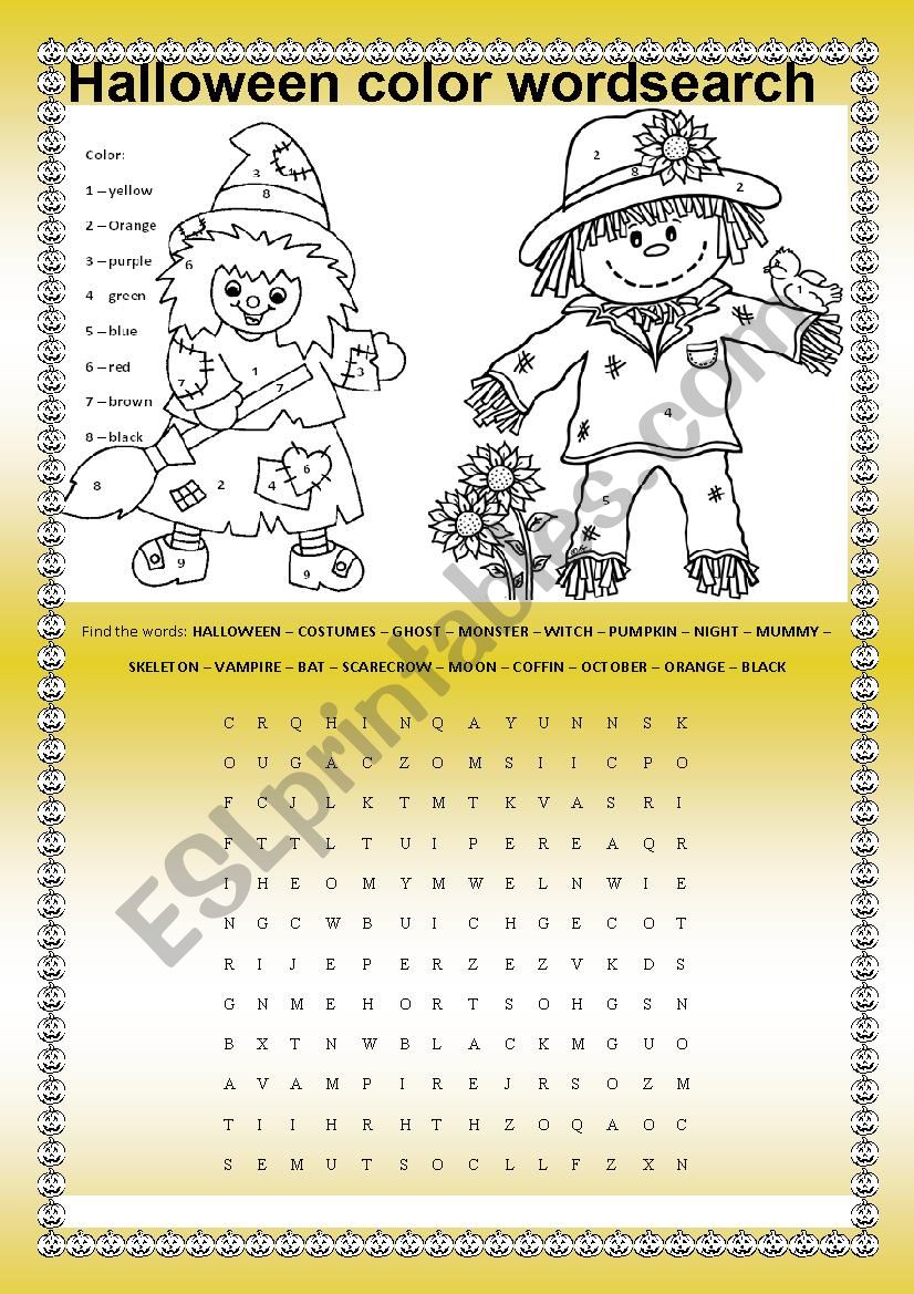 Halloween color wordsearch worksheet