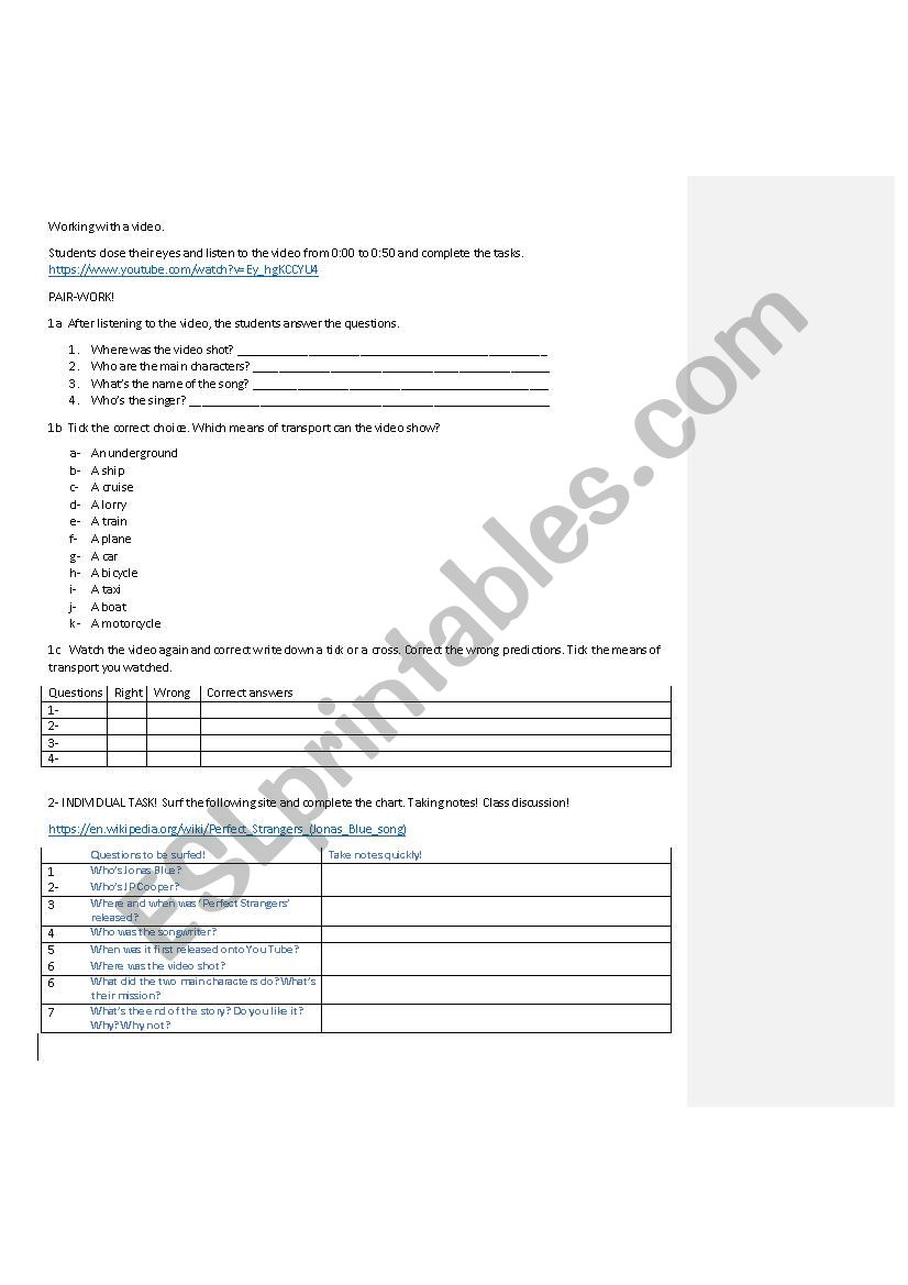 Working with a video and song worksheet