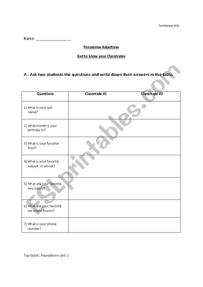 Possessive Adjectives +Where worksheet