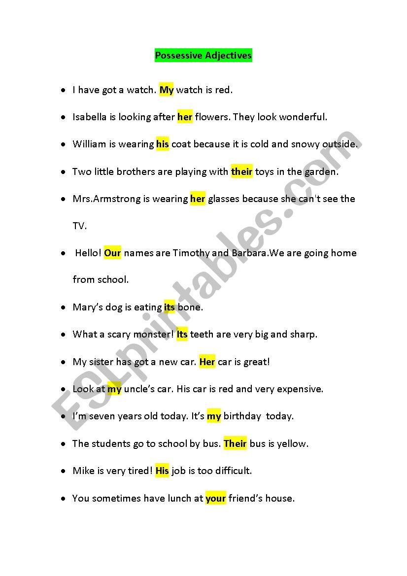 possessive adjectives worksheet